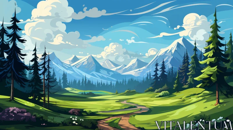 AI ART Mountain Valley Landscape: Serene Beauty Under Blue Skies