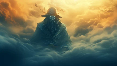 Mysterious Dark Fantasy Illustration of Bearded Man in Stormy Sky