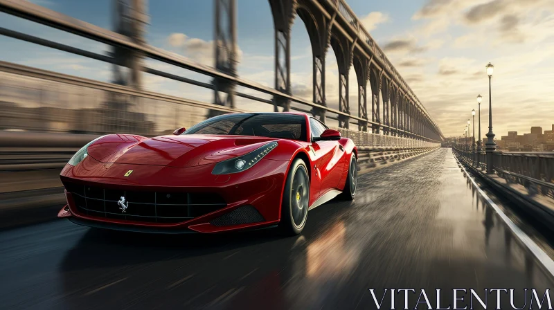 Red Ferrari F12berlinetta Speeding on Bridge AI Image