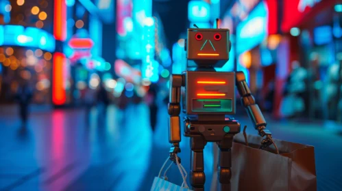 Robot Walking Down City Street at Night - 3D Rendering