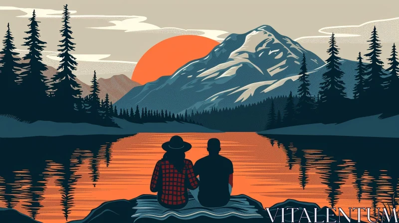 Romantic Sunset Illustration by the Lake AI Image