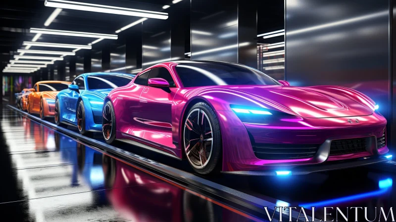 Sleek Futuristic Car in Colorful Showroom AI Image