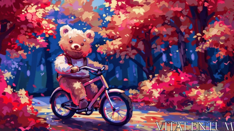 Teddy Bear Riding Bicycle in Vibrant Forest AI Image