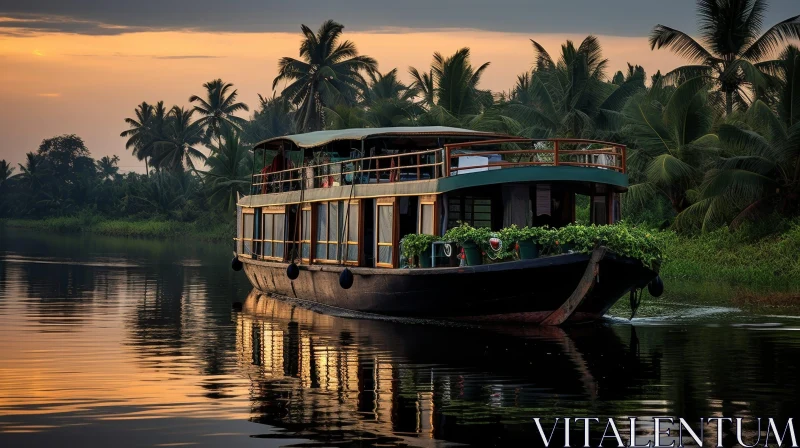 Tranquil Boat Sailing on Tropical River at Sunset AI Image