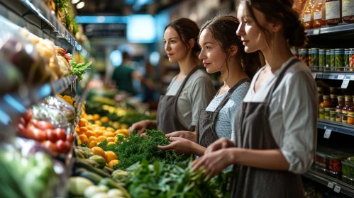 Vibrant Scene: Young Women in a Supermarket with Parsley and Oranges