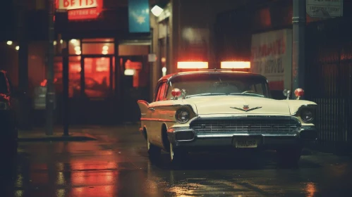 Vintage Classic Car in Film Noir City Scene