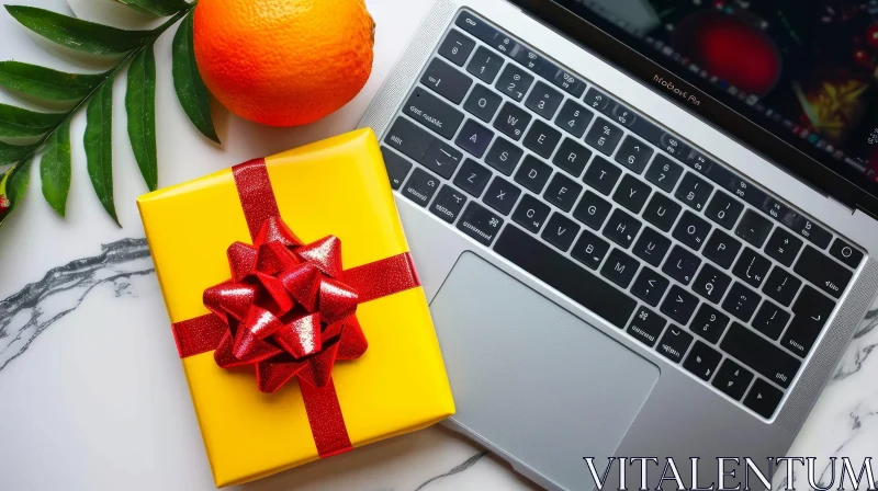 Yellow Gift Box with Ribbon Bow on Marble Table | Open MacBook Laptop AI Image