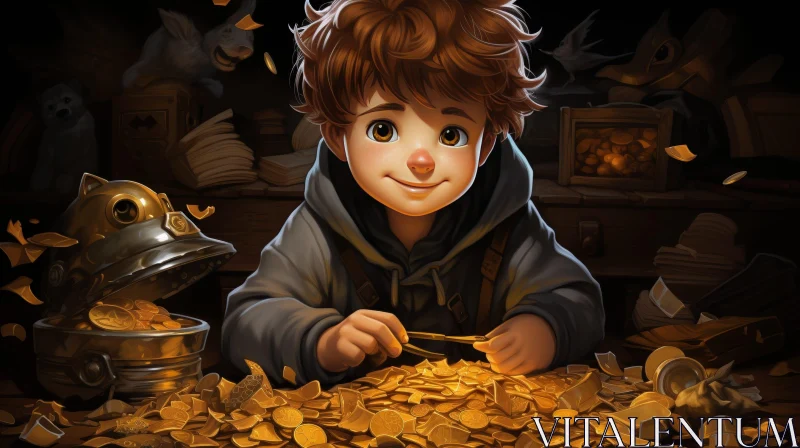 Young Boy with Gold Coins - Digital Painting AI Image