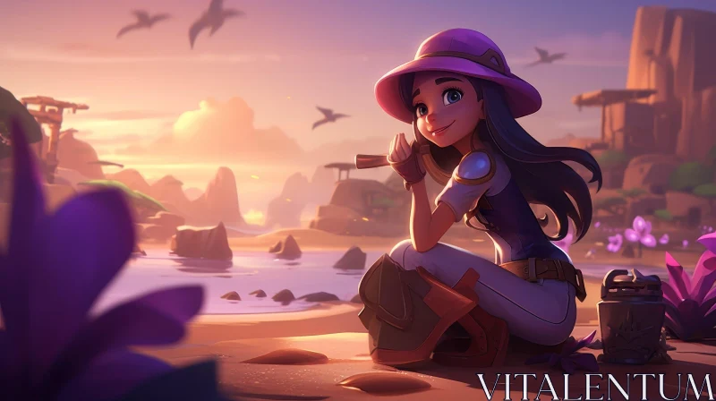 Young Girl at Sunset on Beach - Cartoon Illustration AI Image