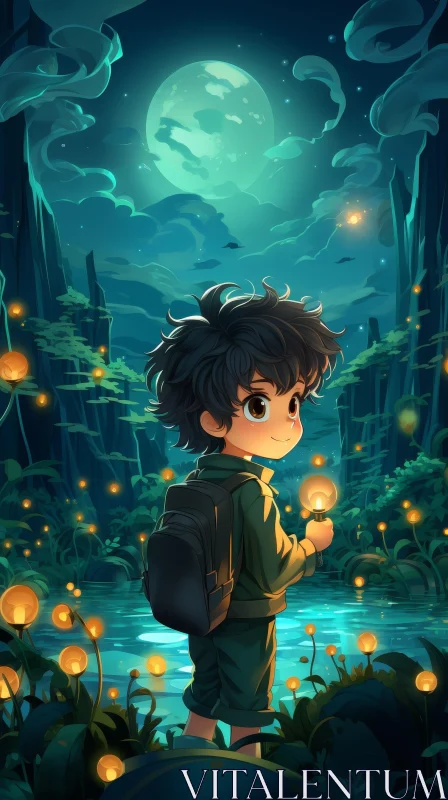 Boy in Forest at Night Cartoon Illustration AI Image