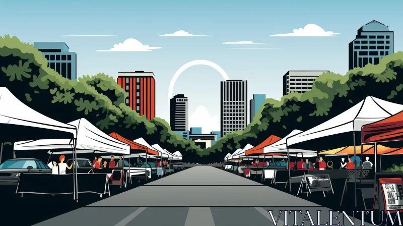 Busy City Street Market Illustration AI Image