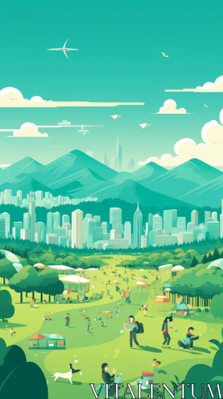 AI ART Cartoon-Inspired Cityscape with Park and Mountain Vistas