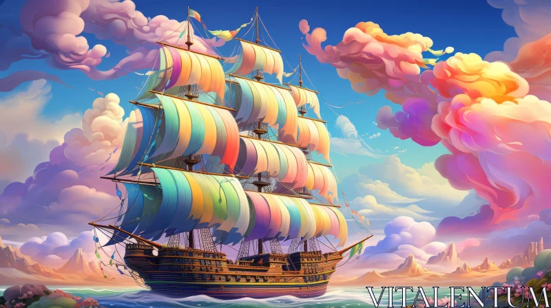 Colorful Ship with Rainbow Sails Sailing on Calm Sea AI Image