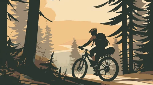 Cyclist Riding Through Pine Tree Forest - Vector Illustration