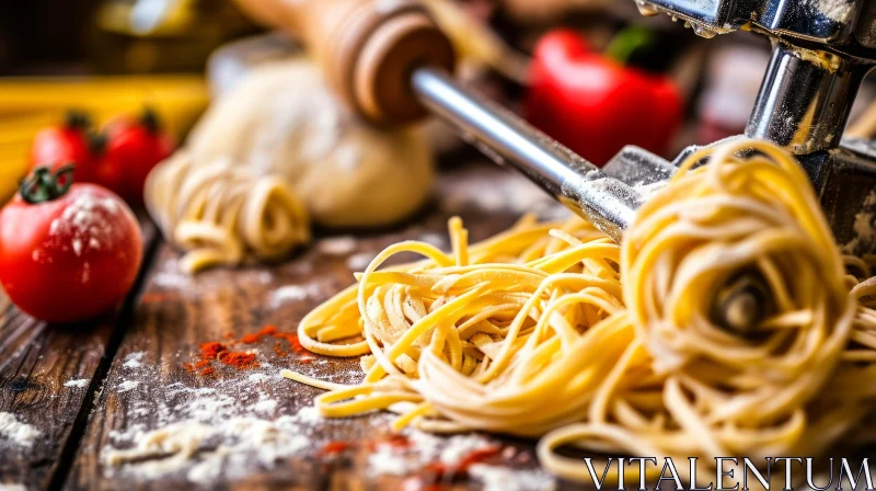 Delicious Homemade Pasta: Ingredients and Tools on Wooden Table AI Image