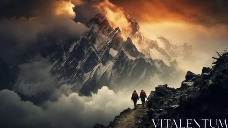 Majestic Mountain View: Explorers on a Mountaintop AI Image