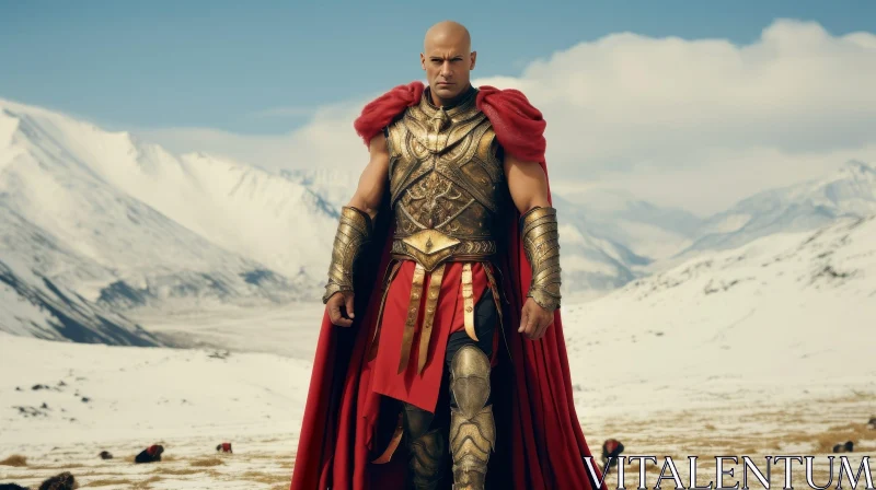 Muscular Bald Man in Red Cape and Gold Armor Ready for Battle AI Image