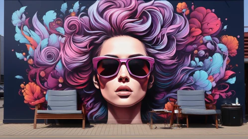 Pink-Haired Woman Mural with Flowers