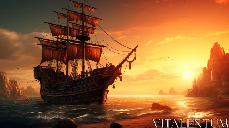 AI ART Pirate Ship Sailing on the High Seas at Sunset