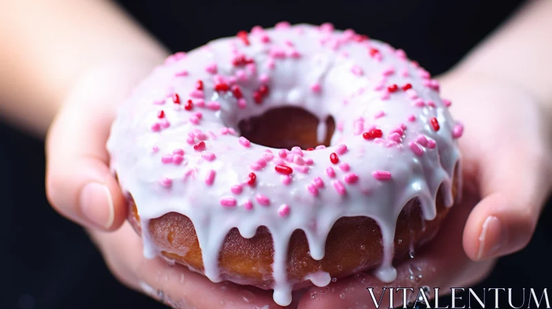 AI ART Ring Donut with White Icing and Pink Sprinkles - Close-up Hand Image