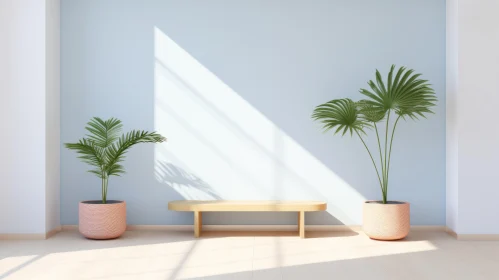 Serene 3D Room Rendering with Blue Wall and Palm Trees