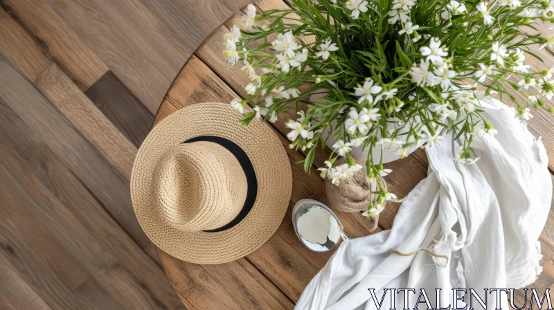 Serene Still Life: Wooden Table with White Flowers and Straw Hat AI Image