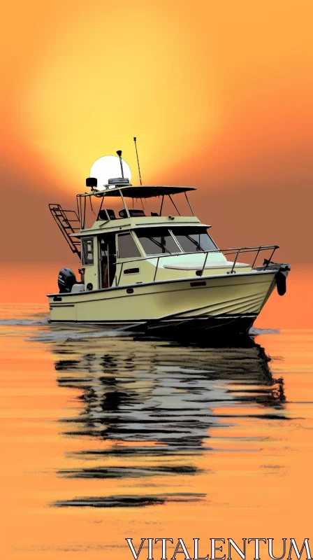 Tranquil Boat Sunset Reflection on Calm Water AI Image