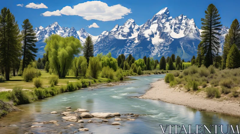 AI ART Tranquil River Landscape with Green Trees and Mountains