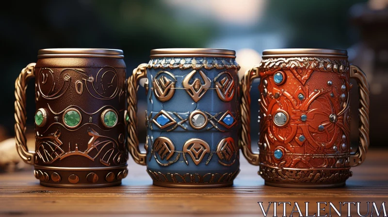 Unique Metal Mug Designs on Wooden Table AI Image