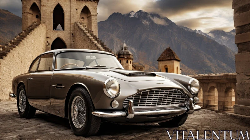 Vintage Car Aston Martin DB4 at Medieval Castle AI Image