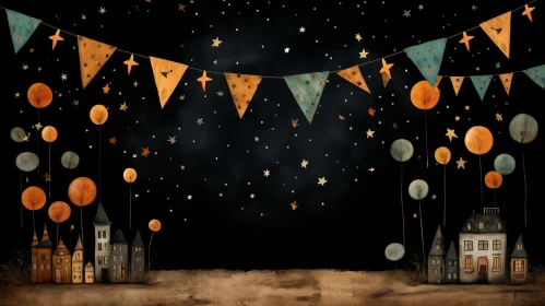 Whimsical Night Sky with Stars and Colorful Balloons
