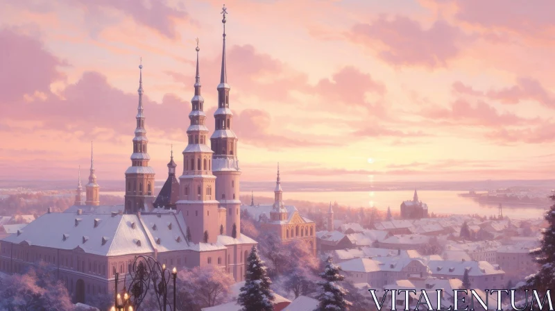 Winter Cityscape at Sunset AI Image