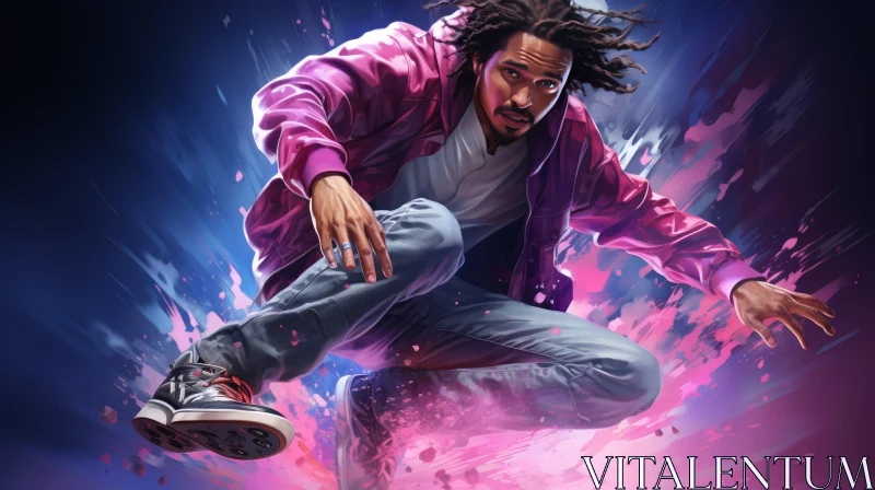 AI ART Young Man Jumping in Pink Jacket and Blue Jeans