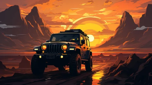 Black Jeep Wrangler Rubicon Driving in Desert at Sunset