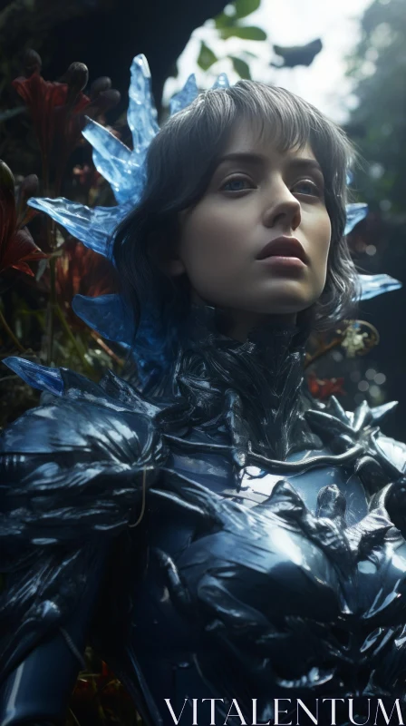Blue Bodysuit Woman in Mysterious Forest AI Image