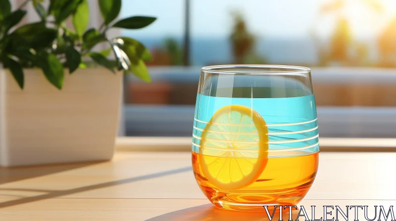 Blue Lemonade Glass on Wooden Table AI Image