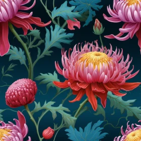 Chrysanthemum Pink Floral Seamless Pattern on Dark Blue Background