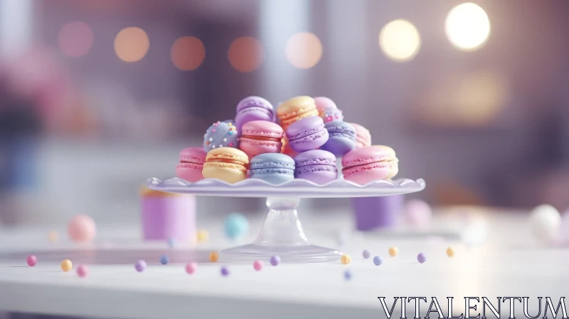 Close-Up Multicolored Macarons Plate on White Table AI Image