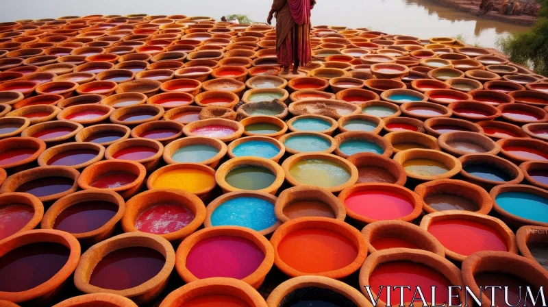 Colorful Clay Pots with Person in Vibrant Dress AI Image