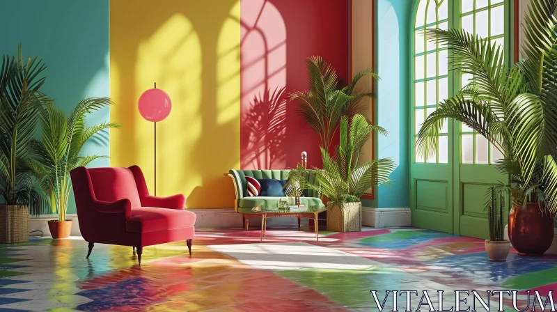 Colorful Living Room with Red Armchair, Green Sofa, and Pink Lamp AI Image
