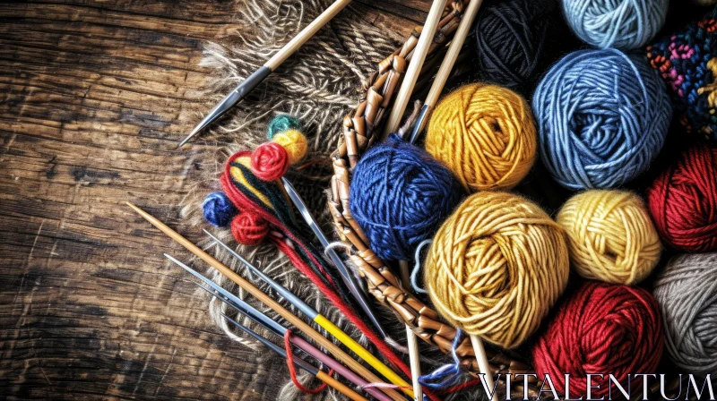 Cozy Crafts: Colorful Yarn and Knitting Needles on a Rustic Wooden Table AI Image