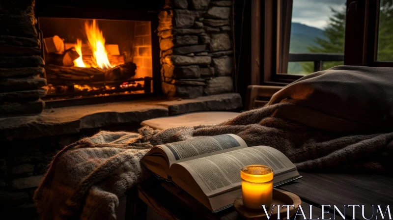 Cozy Living Room with Fireplace and Mountain View AI Image