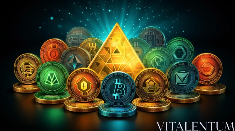 Cryptocurrency Coins Circle Glowing Pyramid - Digital Illustration AI Image