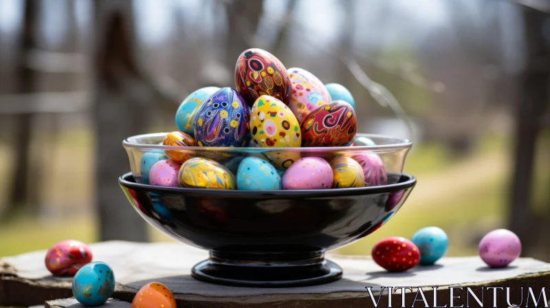 AI ART Easter Celebration: Colorful Painted Eggs in Black Bowl