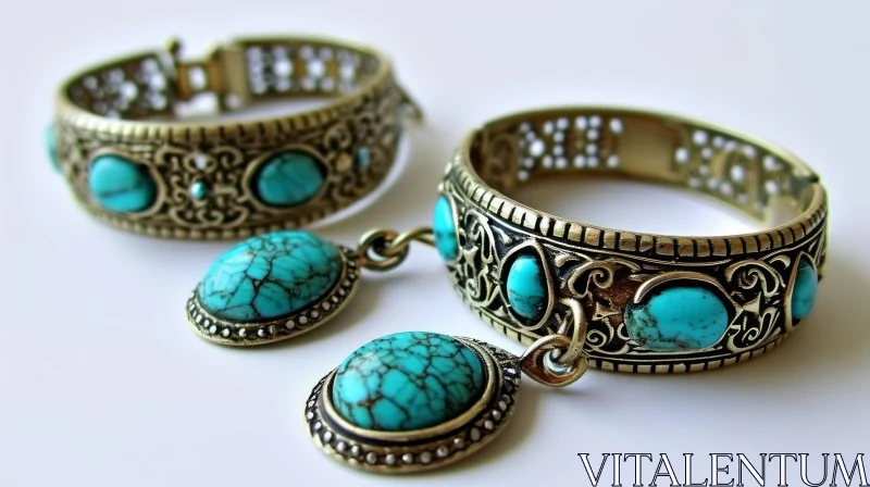 AI ART Exquisite Gold Bracelets with Turquoise Stones | Vintage Style