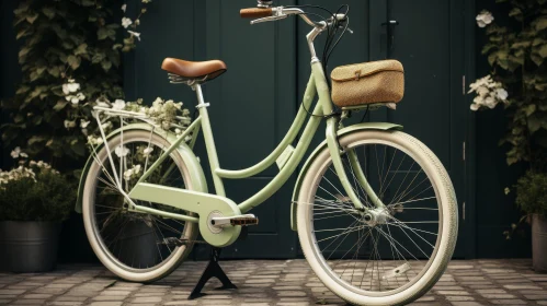 Green Bicycle with Wicker Basket and Flowers