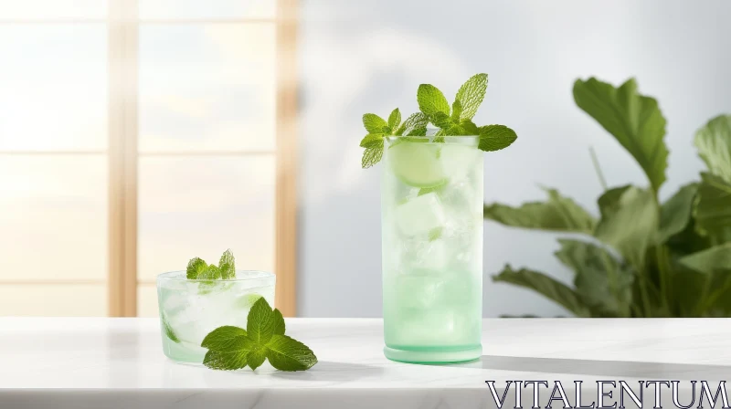 AI ART Green Refreshing Drink with Mint and Ice on Marble Table