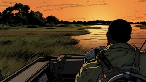 Man Driving Boat Through Swamp at Sunset