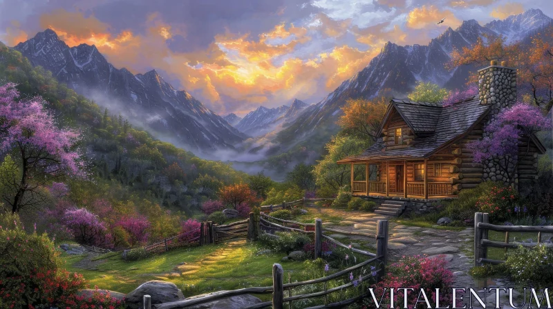 Mountain Cabin Landscape Painting AI Image