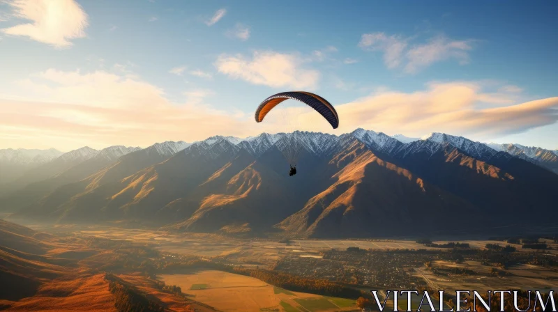 Paraglider Flying over Snowy Mountain Range AI Image